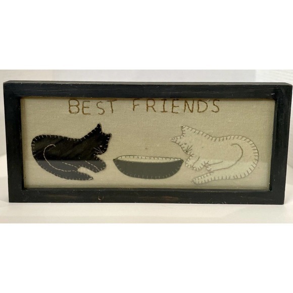 Primitive Stitched Fabric kittens "Best Friends" framed cats picture art - Picture 3 of 4